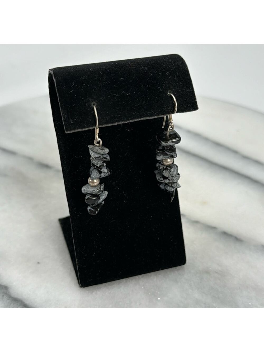 Handmade sterling silver snowflake obsidian chip earrings